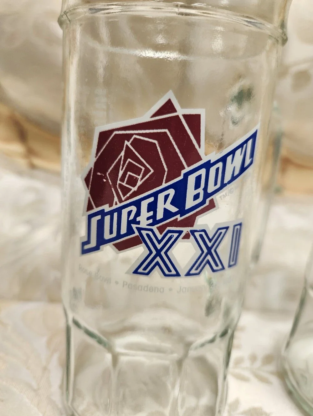 Vintage Super Bowl XXI (21) Glass Mugs, Set Of 2, 1986/7, Pasedena, Fisher, Cup